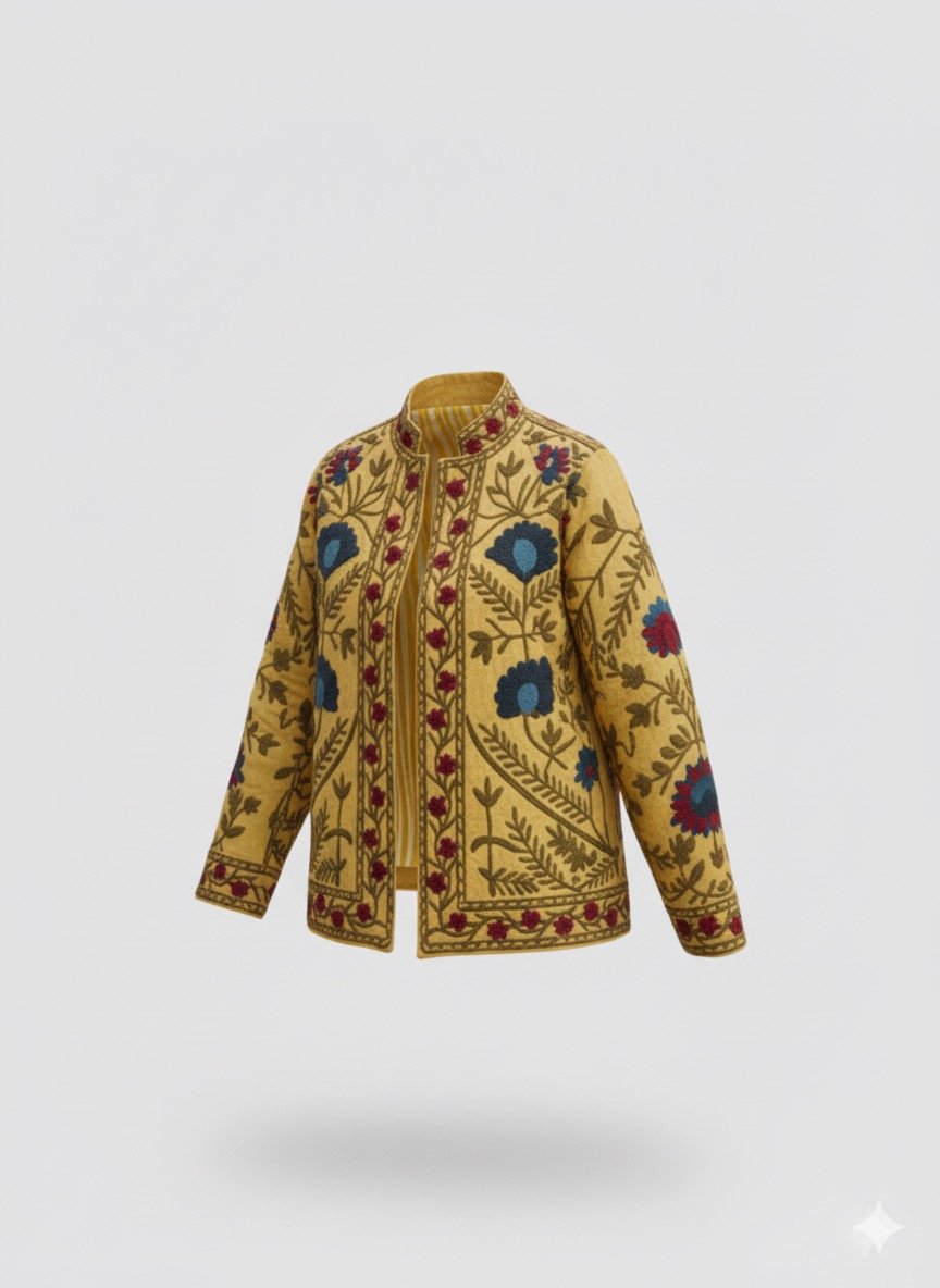 Mustard Hand-Embroidered Suzani Jacket | Artisan Floral Jacket