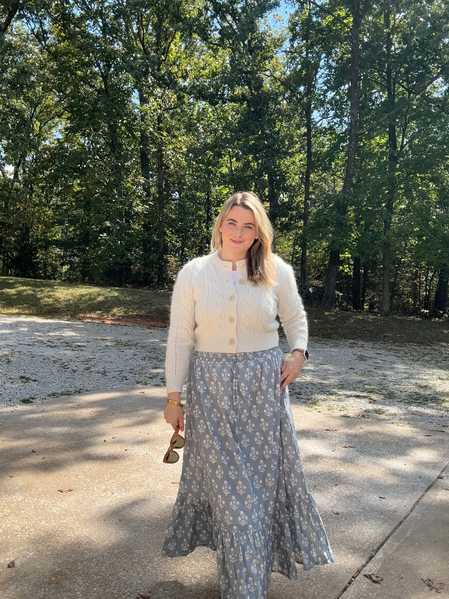 One Tier Maxi Skirt With Pockets and Drawstring - Block Print Blue (Sky) Floral