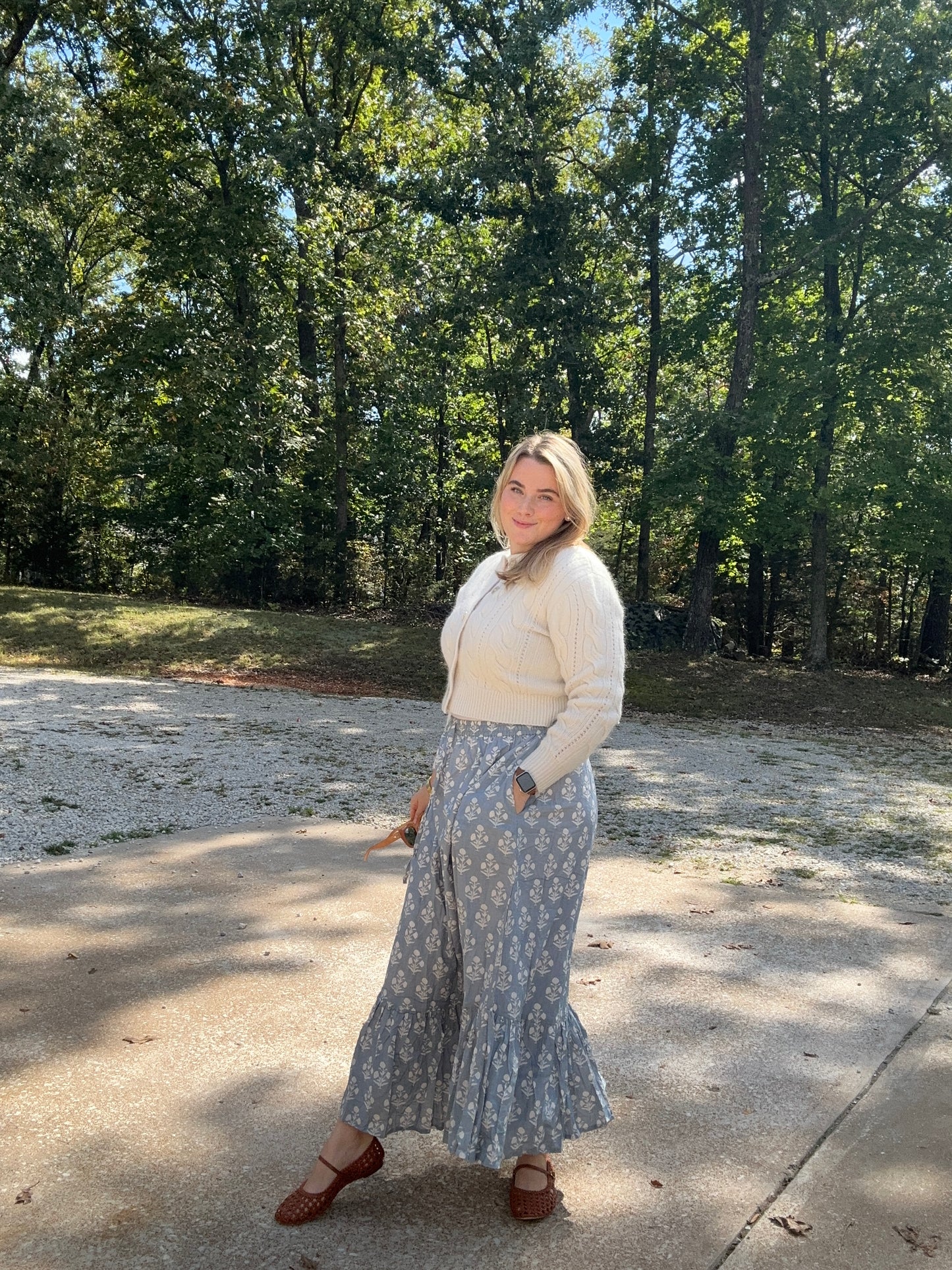 One Tier Maxi Skirt With Pockets and Drawstring - Block Print Blue (Sky) Floral