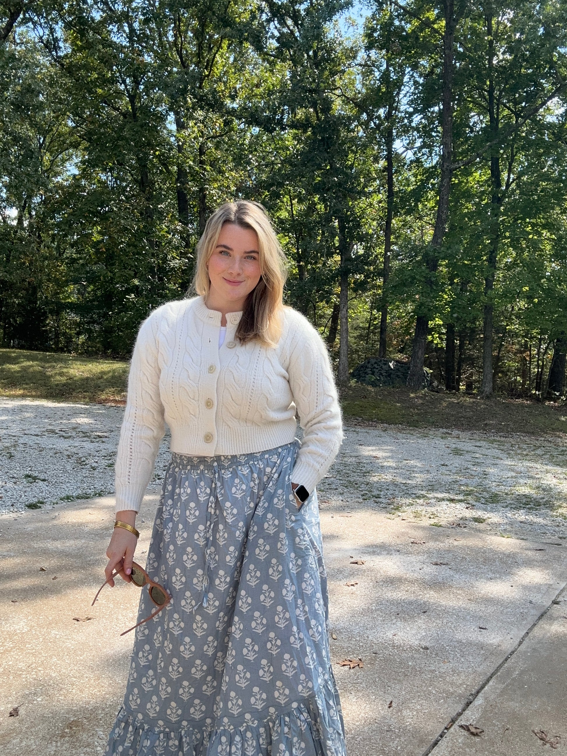 One Tier Maxi Skirt With Pockets and Drawstring - Block Print Blue (Sky) Floral