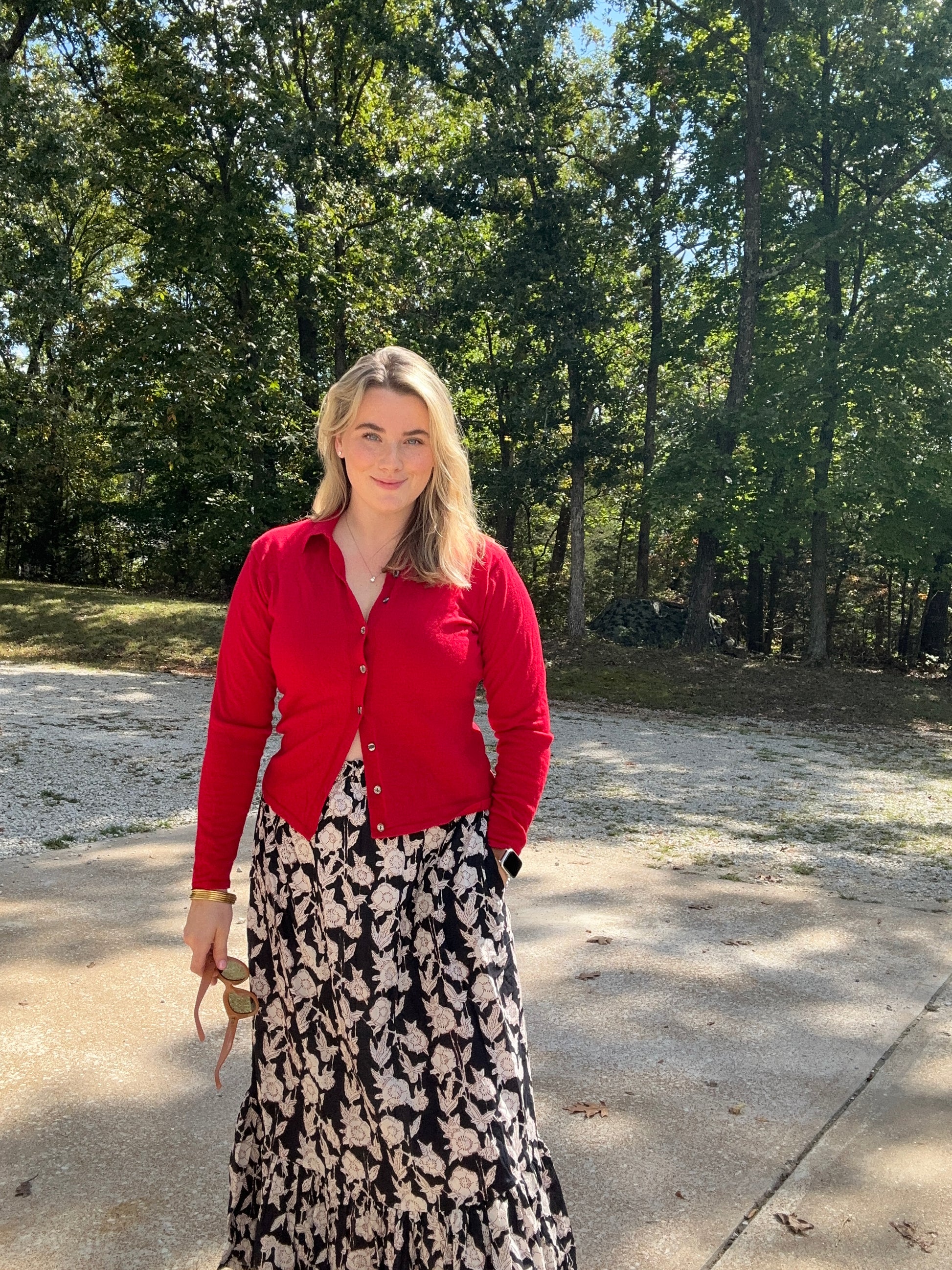 One Tier Maxi Skirt With Pockets and Drawstring - Block Print Red, Black, and White Floral