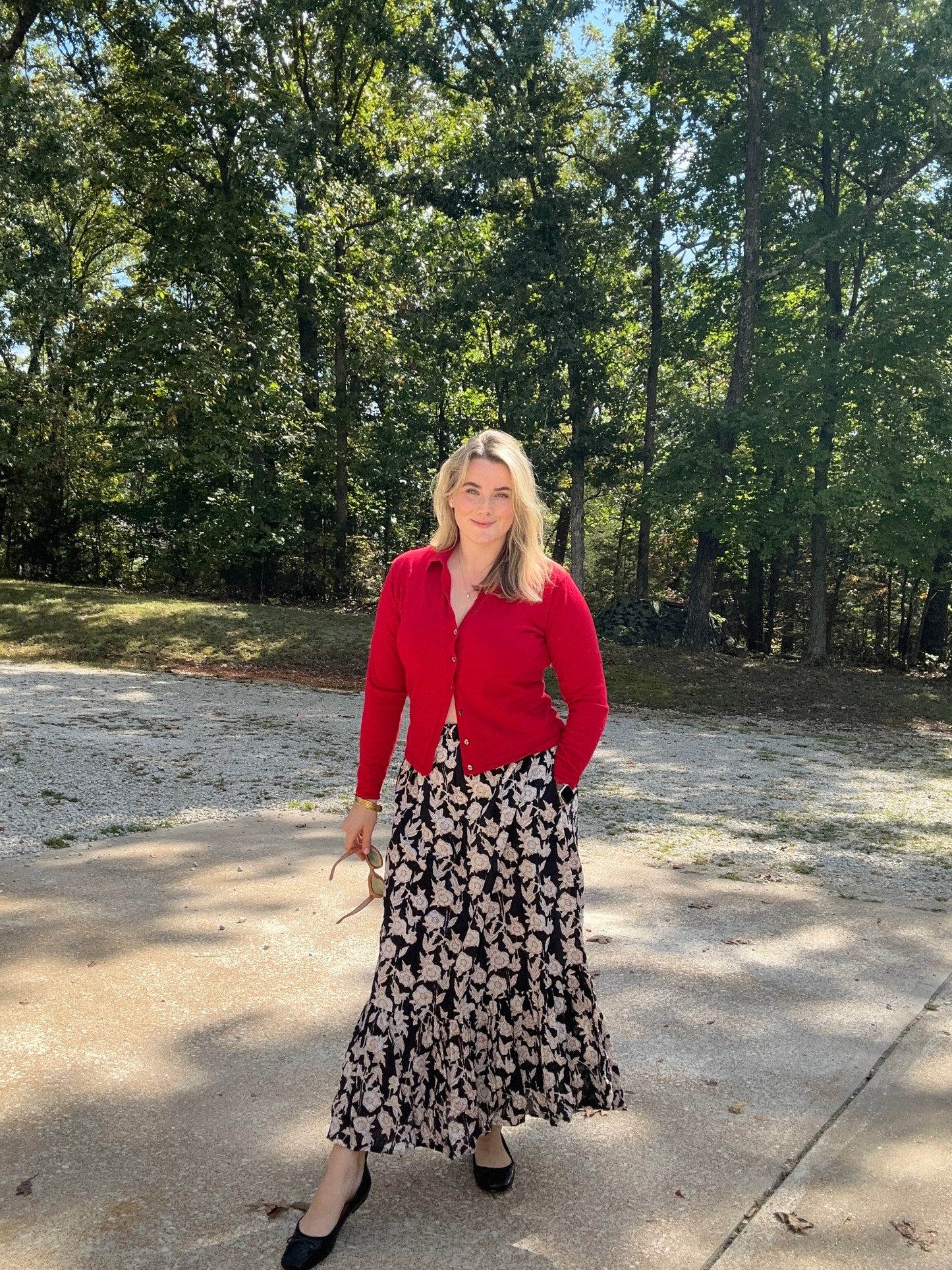 One Tier Maxi Skirt With Pockets and Drawstring - Block Print Red, Black, and White Floral