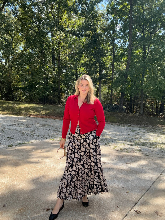 One Tier Maxi Skirt With Pockets and Drawstring - Block Print Red, Black, and White Floral