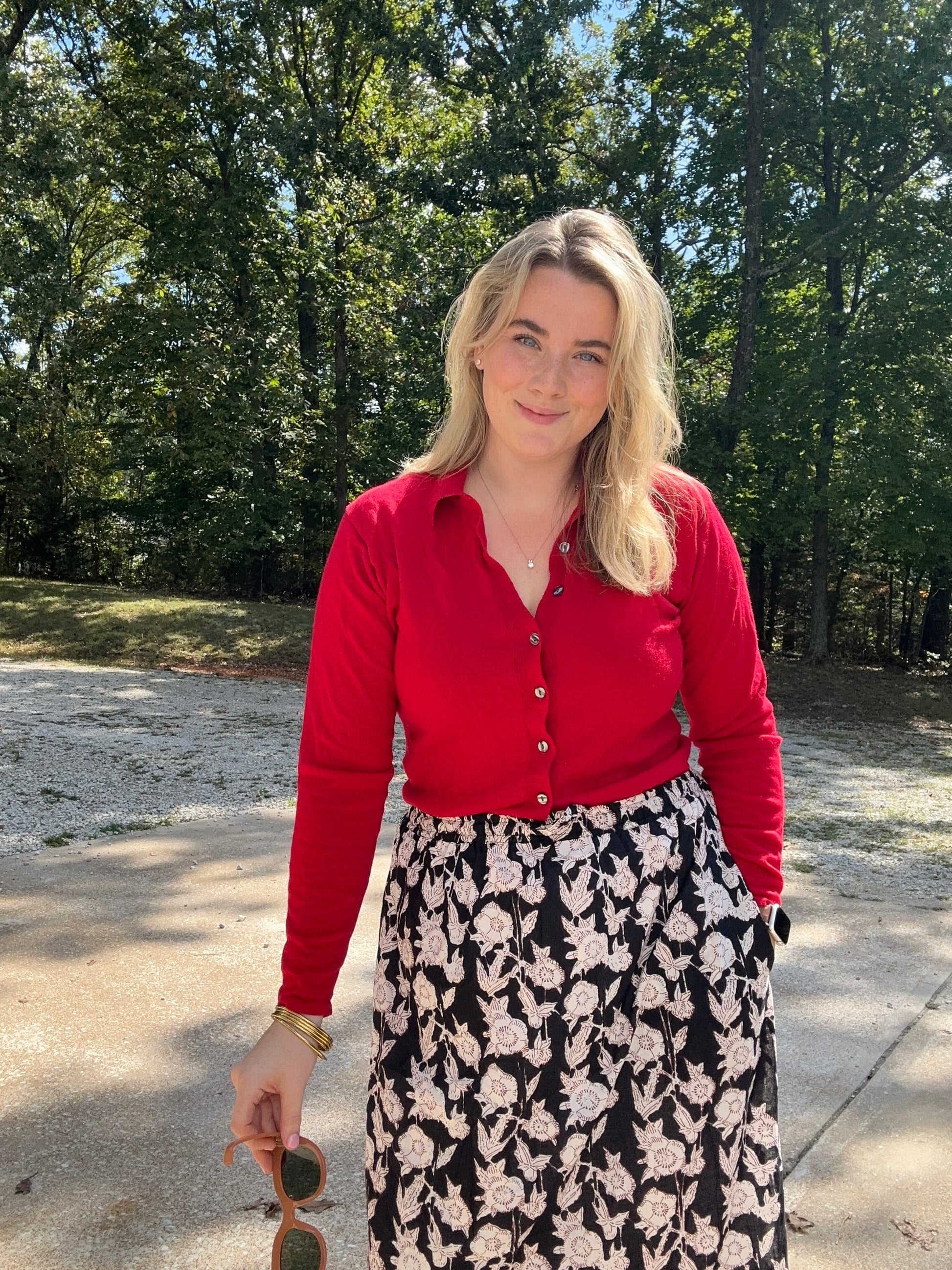 One Tier Maxi Skirt With Pockets and Drawstring - Block Print Red, Black, and White Floral