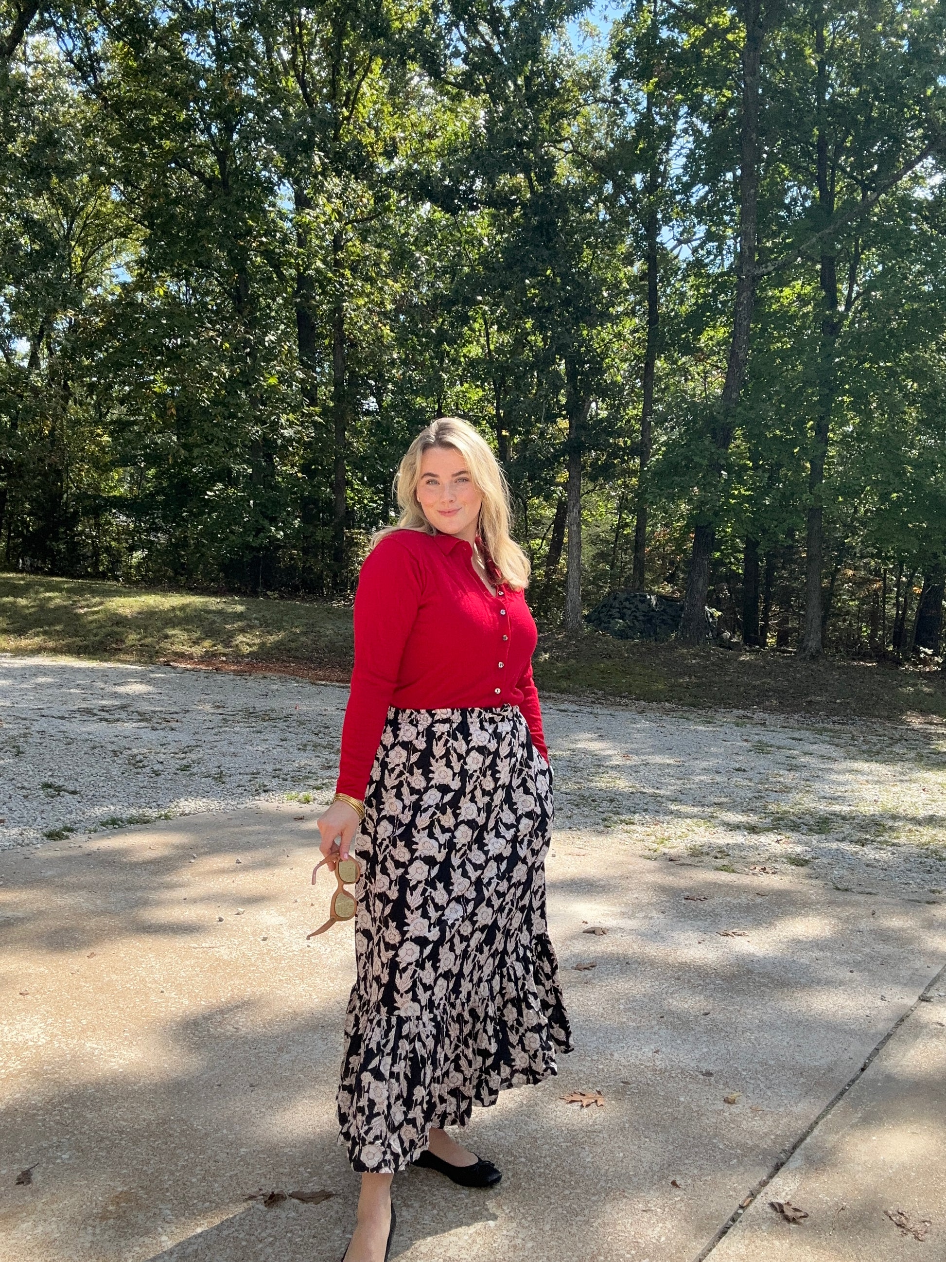One Tier Maxi Skirt With Pockets and Drawstring - Block Print Red, Black, and White Floral