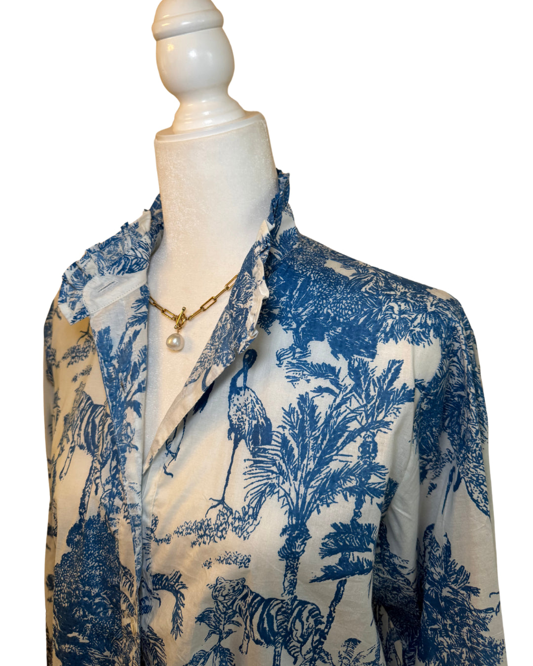 Blue Jungle Toile Block Print Women's Button Up Ruffled Collared Blouse