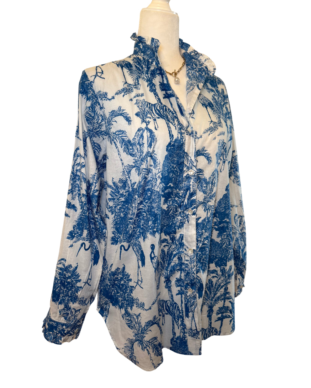 Blue Jungle Toile Block Print Women's Button Up Ruffled Collared Blouse