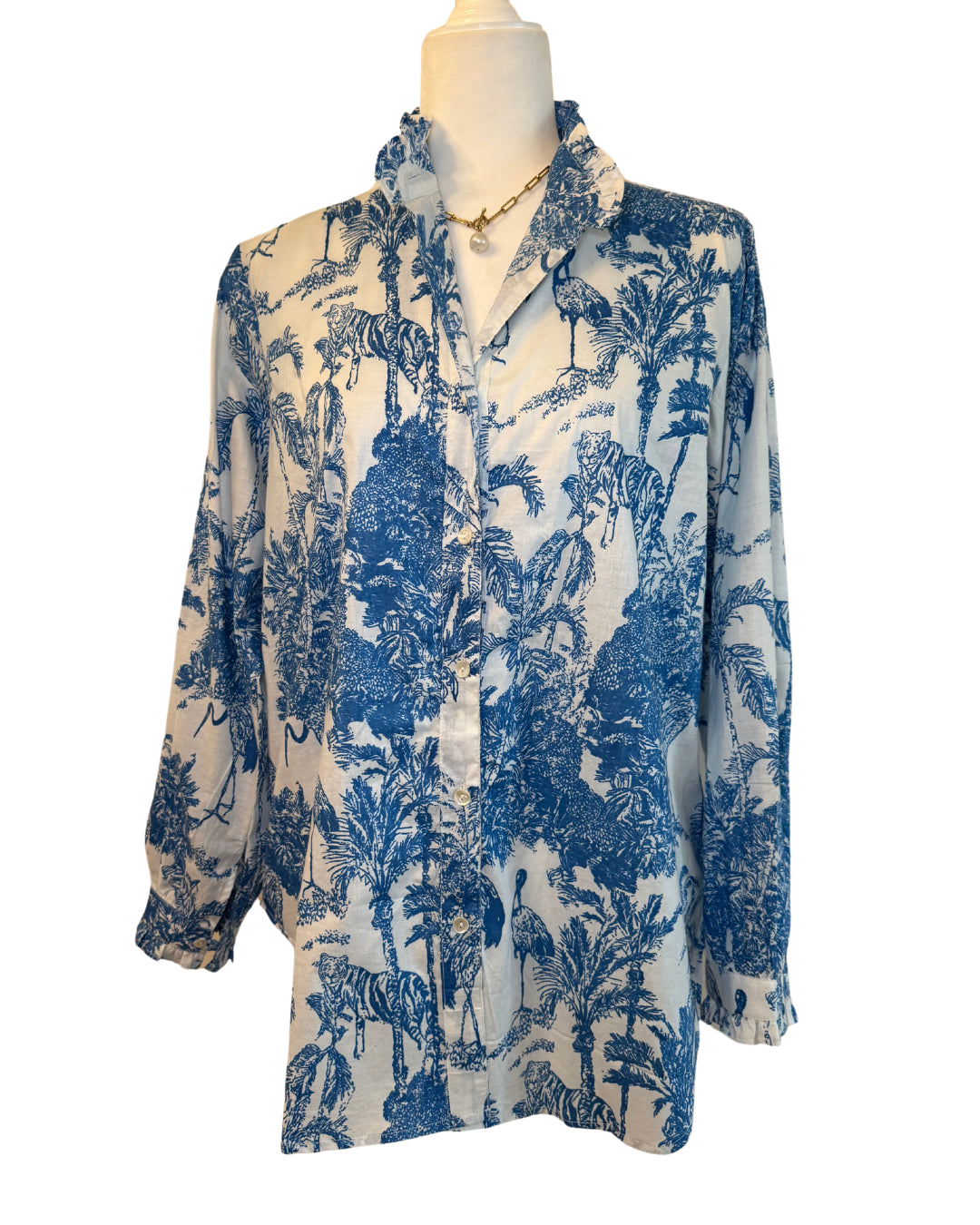 Blue Jungle Toile Block Print Women's Button Up Ruffled Collared Blouse