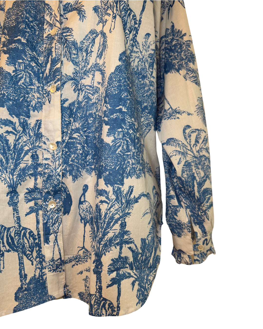 Blue Jungle Toile Block Print Women's Button Up Ruffled Collared Blouse