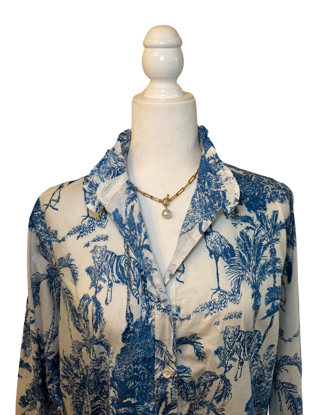 Blue Jungle Toile Block Print Women's Button Up Ruffled Collared Blouse