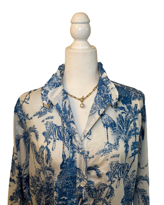 Blue Jungle Toile Block Print Women's Button Up Ruffled Collared Blouse