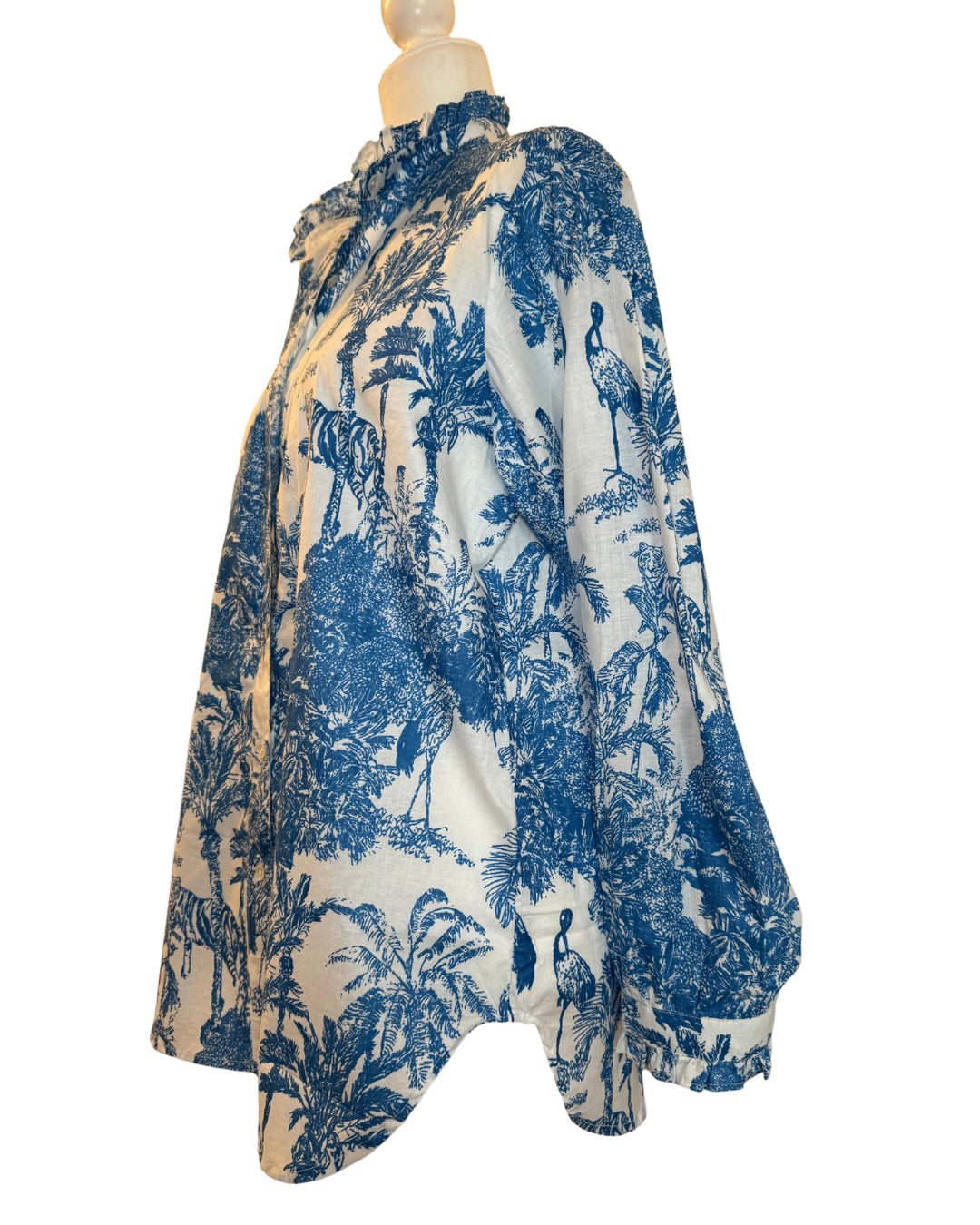 Blue Jungle Toile Block Print Women's Button Up Ruffled Collared Blouse