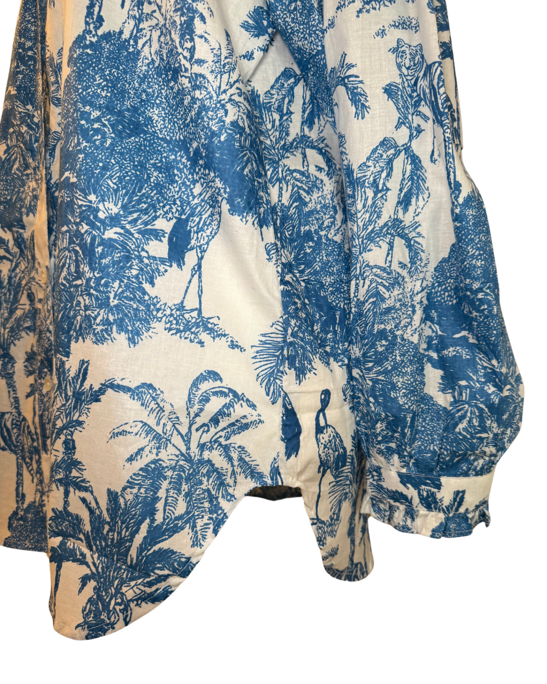 Blue Jungle Toile Block Print Women's Button Up Ruffled Collared Blouse