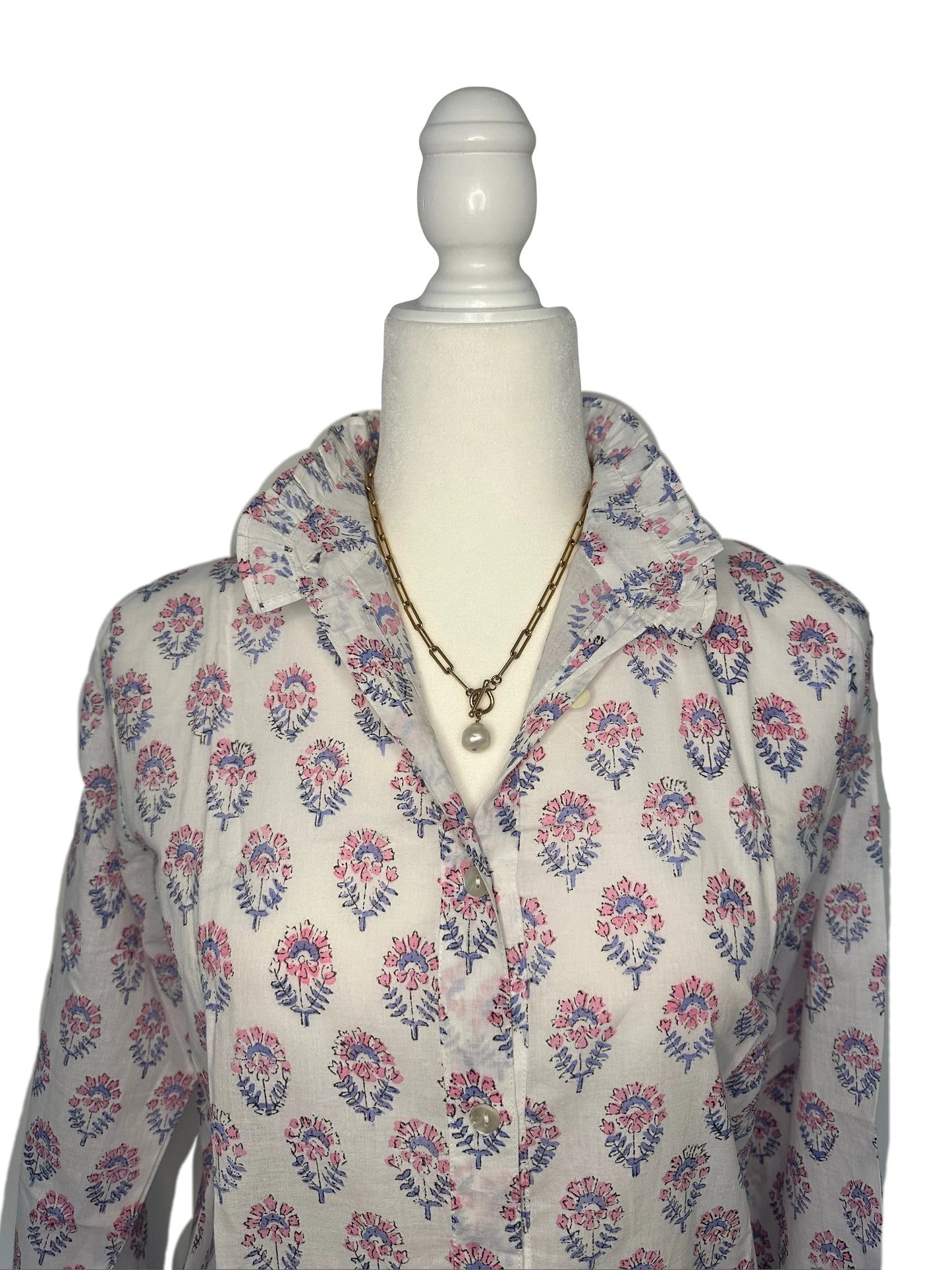 Pink & Blue Floral Block Print Women's Button Up Ruffled Collared Blouse
