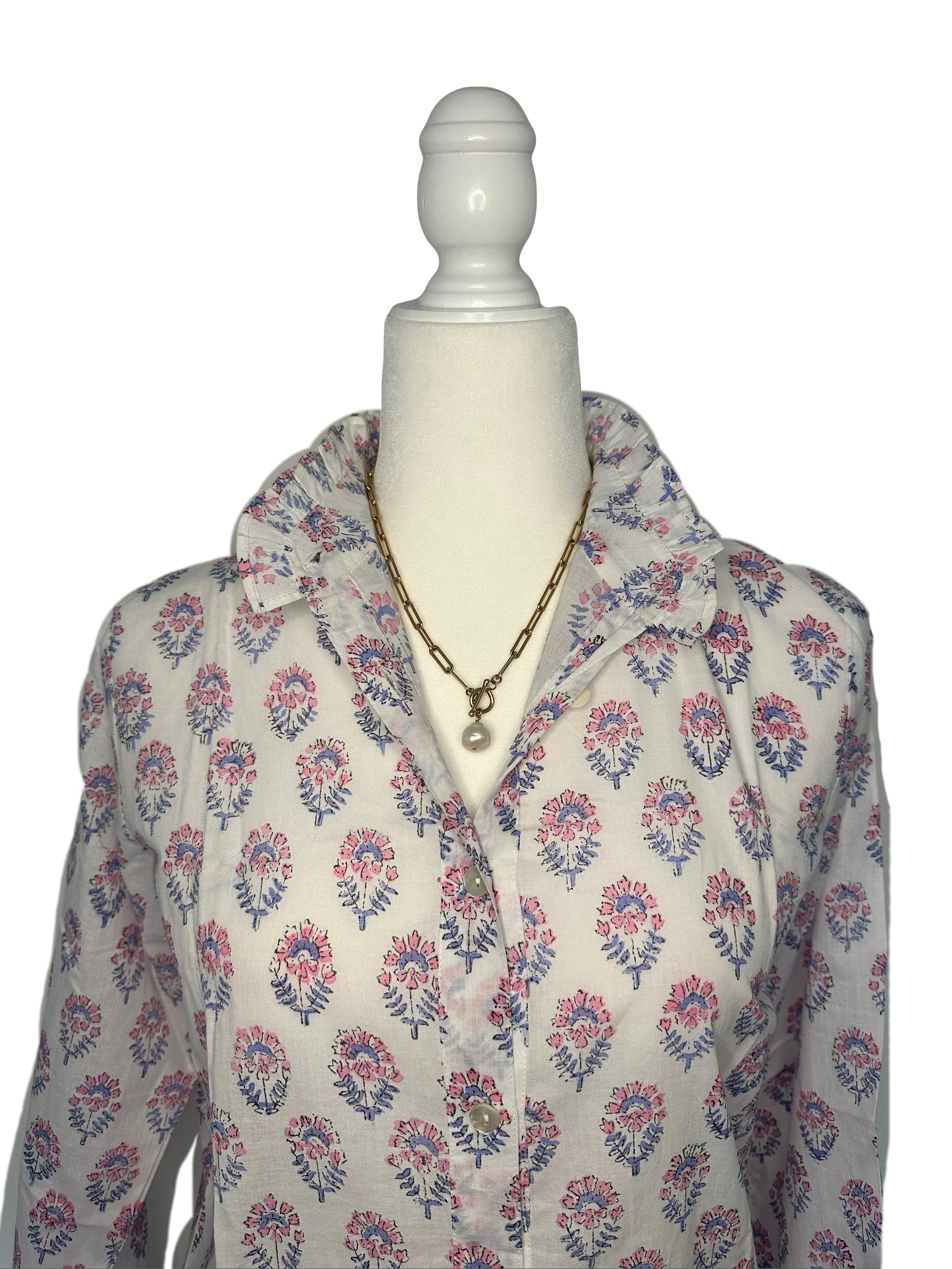 Pink & Blue Floral Block Print Women's Button Up Ruffled Collared Blouse
