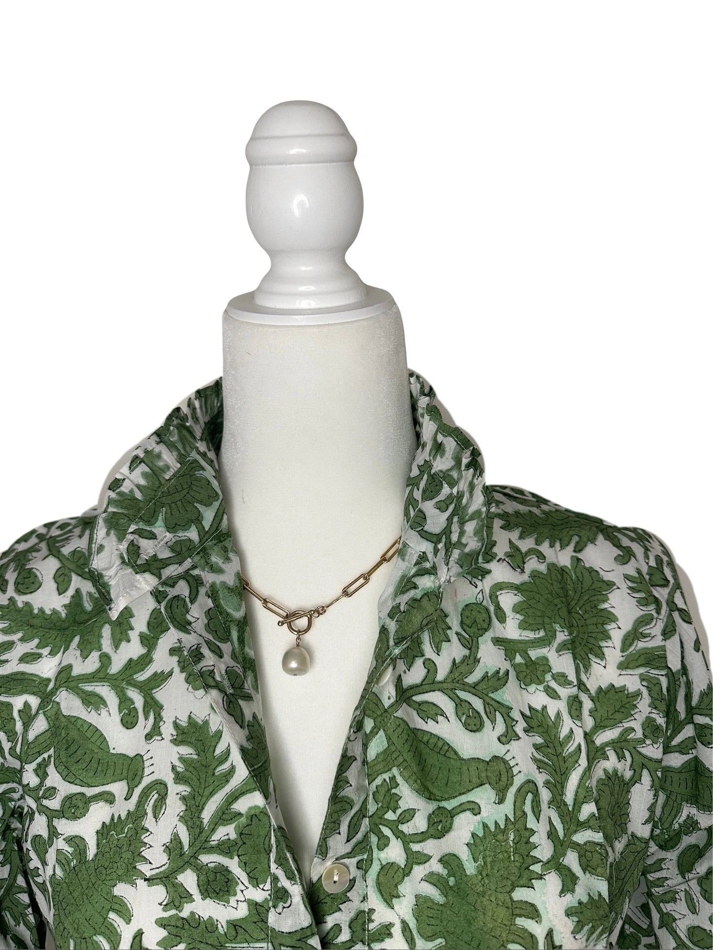 Peacock Block Print Women's Button Up Ruffled Collared Blouse