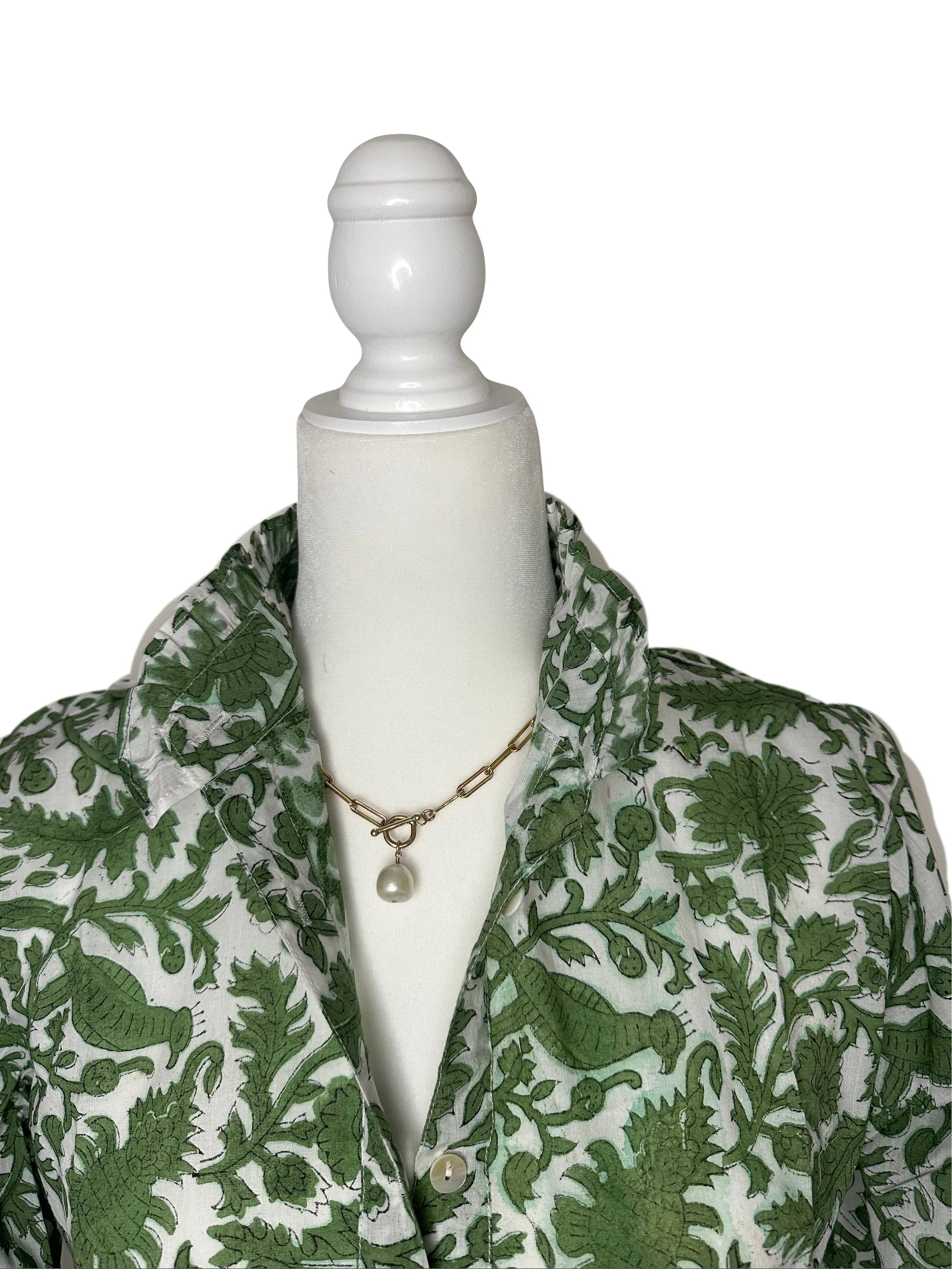 Peacock Block Print Women's Button Up Ruffled Collared Blouse
