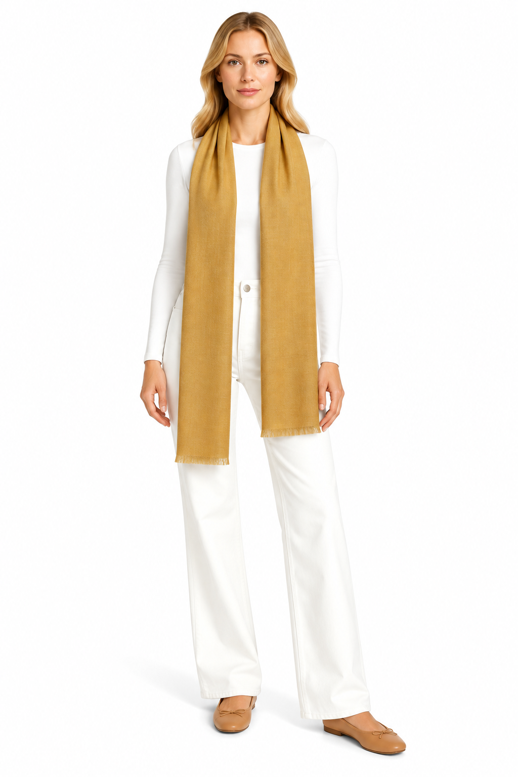 Muted Mustard Cashmere Scarf styled on model