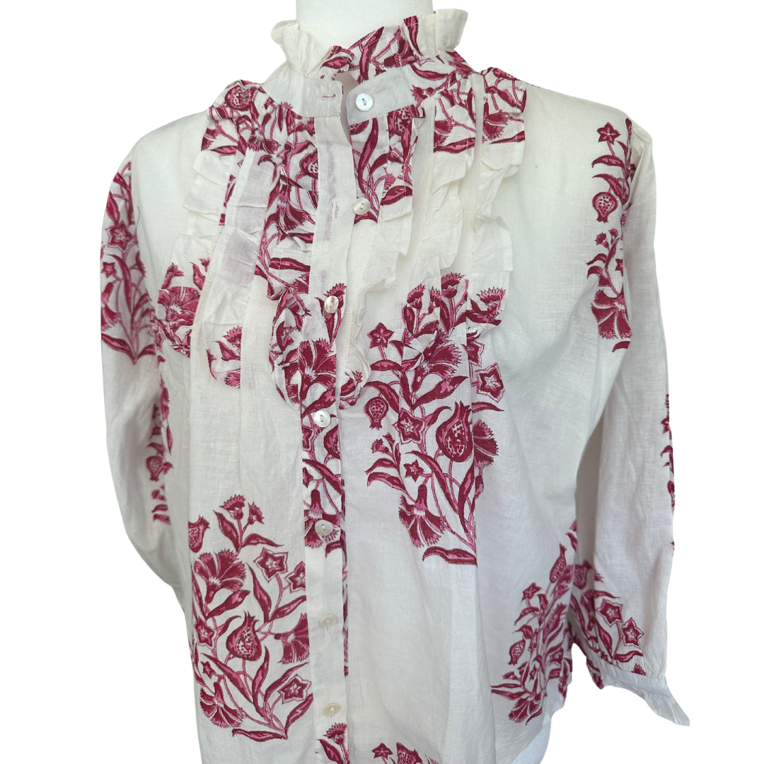 Pink & White Large Floral Ruffle Bib Blouse with 3/4 Sleeves - Button Down