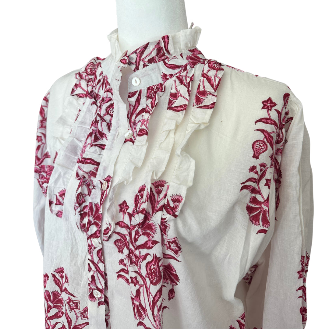 Pink & White Large Floral Ruffle Bib Blouse with 3/4 Sleeves - Button Down