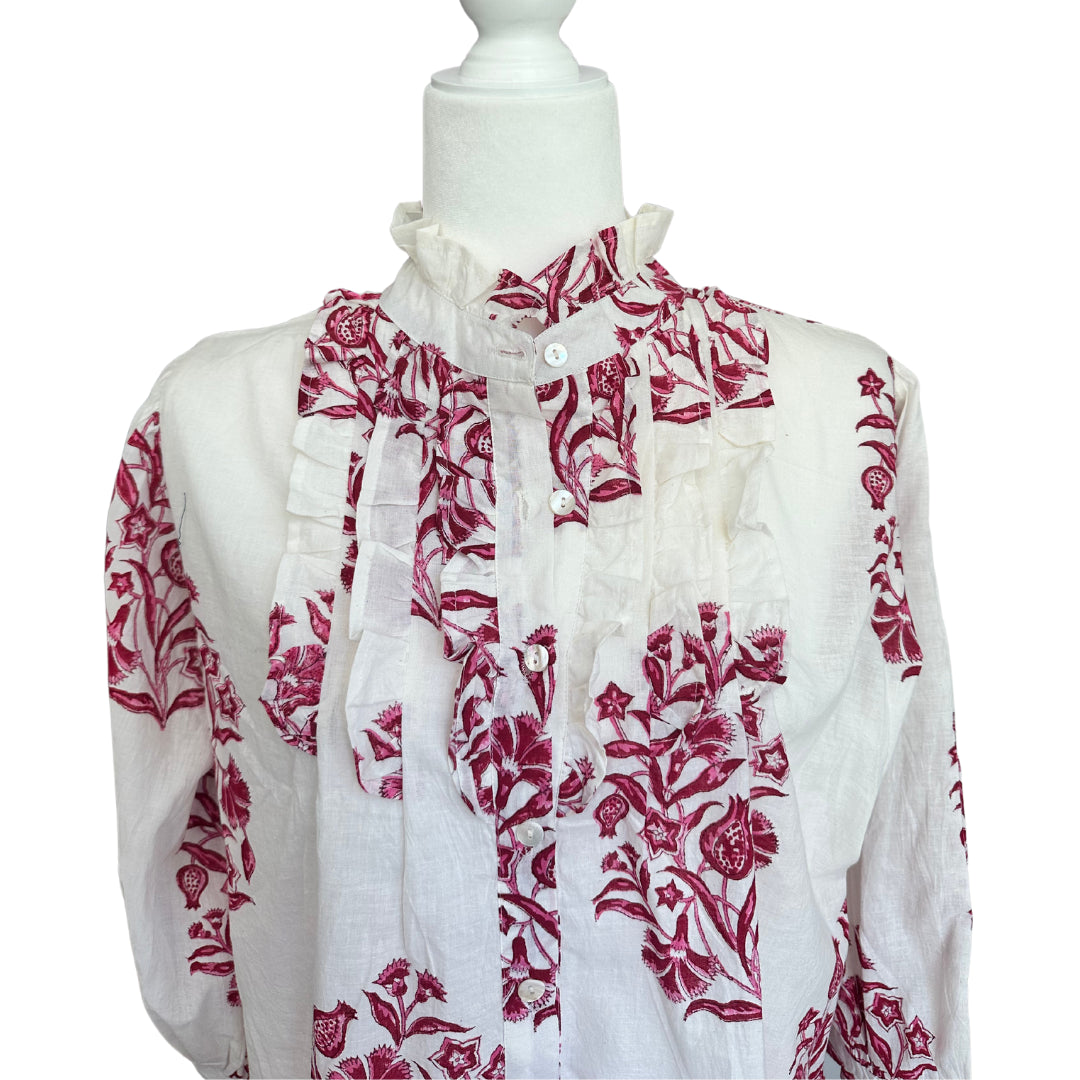 Pink & White Large Floral Ruffle Bib Blouse with 3/4 Sleeves - Button Down