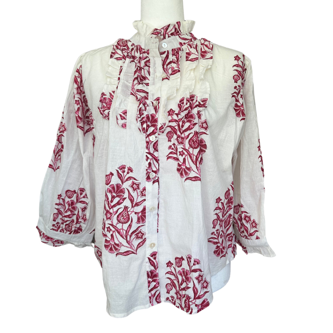 Pink & White Large Floral Ruffle Bib Blouse with 3/4 Sleeves - Button Down