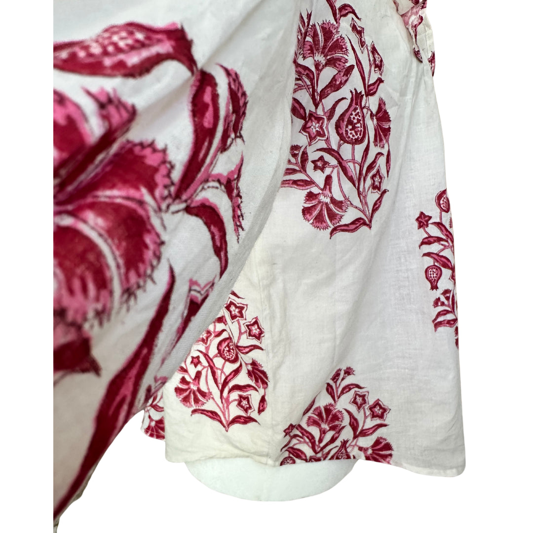 Pink & White Large Floral Ruffle Bib Blouse with 3/4 Sleeves - Button Down