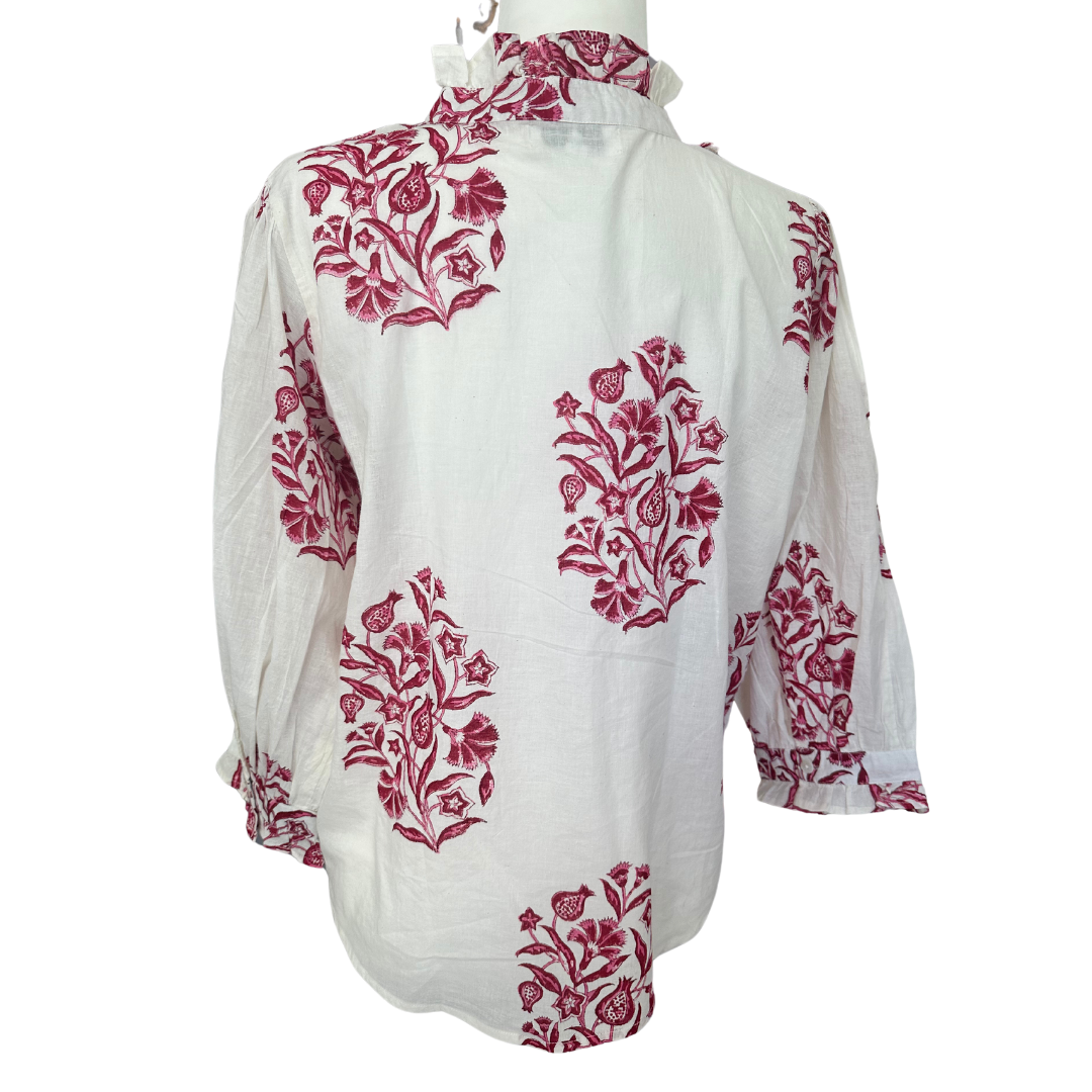 Pink & White Large Floral Ruffle Bib Blouse with 3/4 Sleeves - Button Down