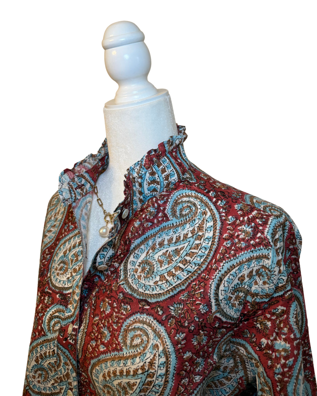 Blue and Red Paisley Block Print Women's Button Up Ruffled Collared Blouse