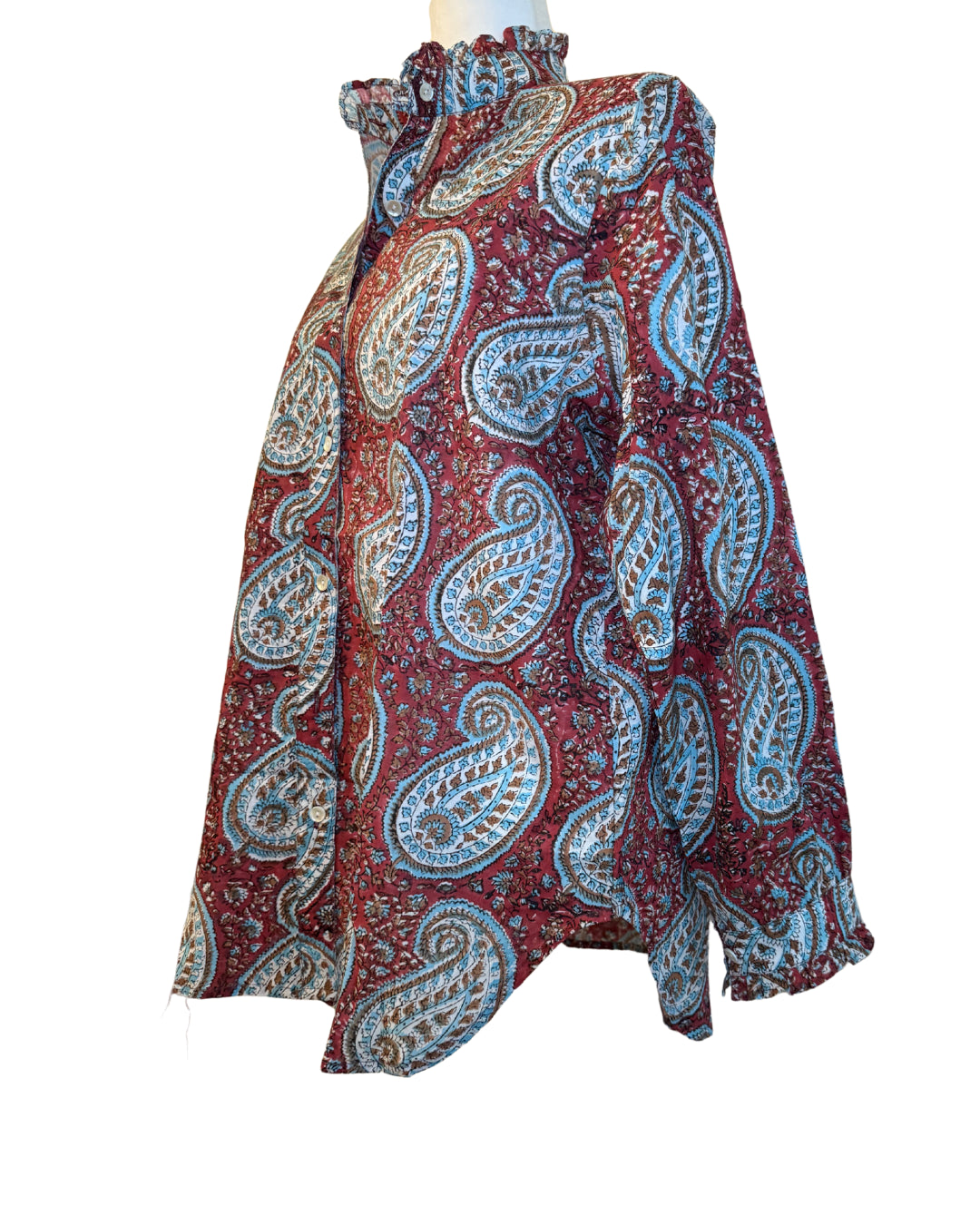 Blue and Red Paisley Block Print Women's Button Up Ruffled Collared Blouse