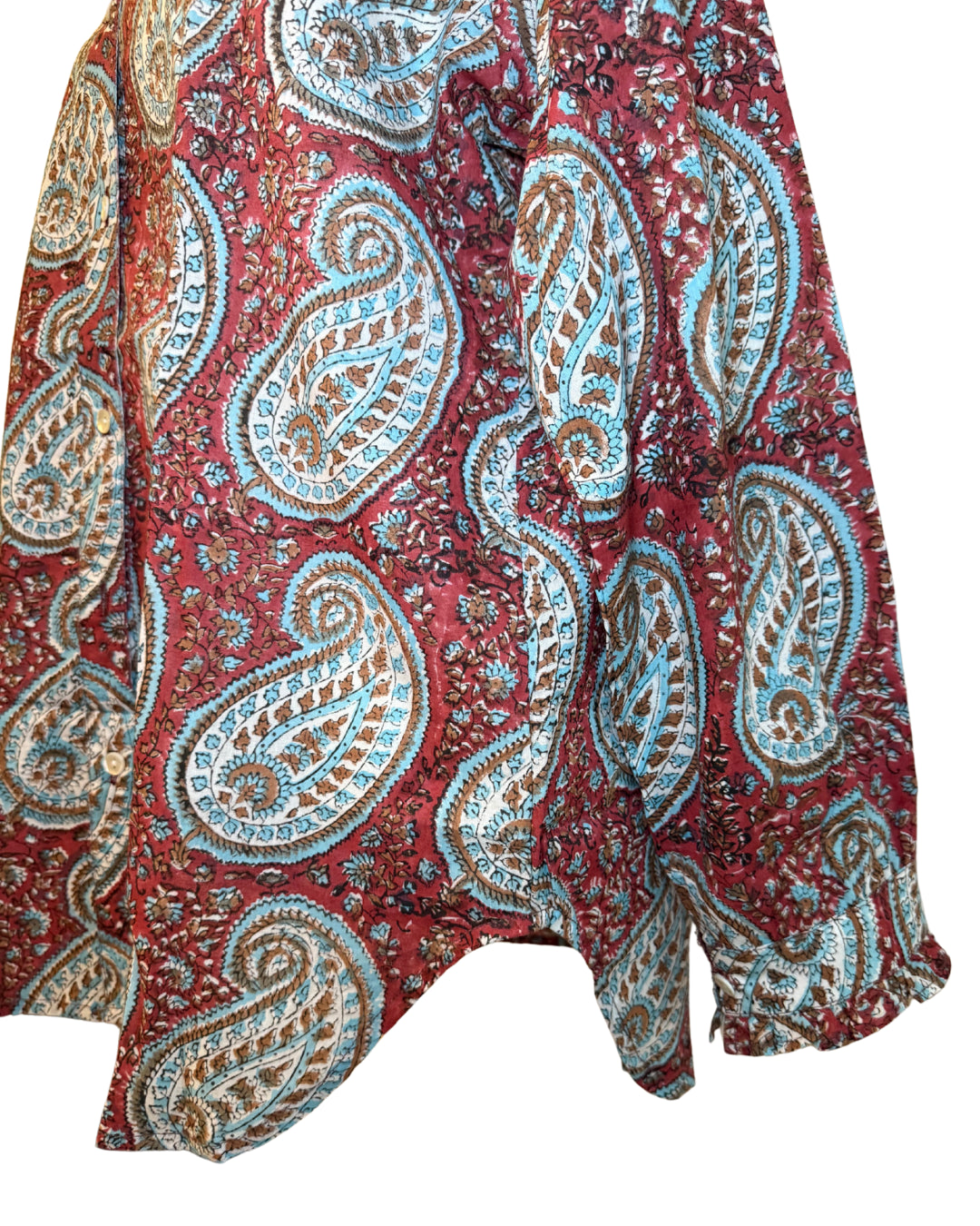Blue and Red Paisley Block Print Women's Button Up Ruffled Collared Blouse