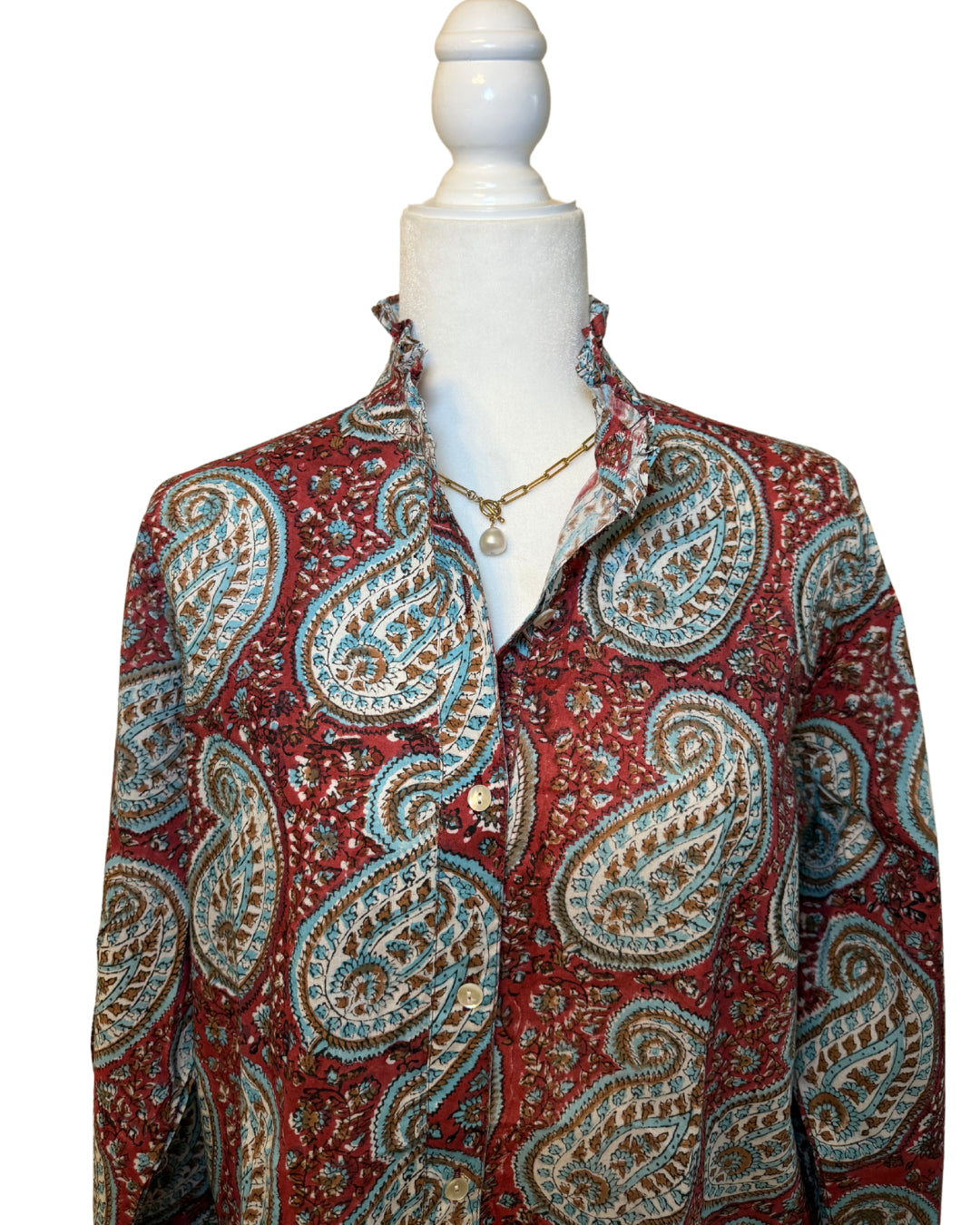 Blue and Red Paisley Block Print Women's Button Up Ruffled Collared Blouse