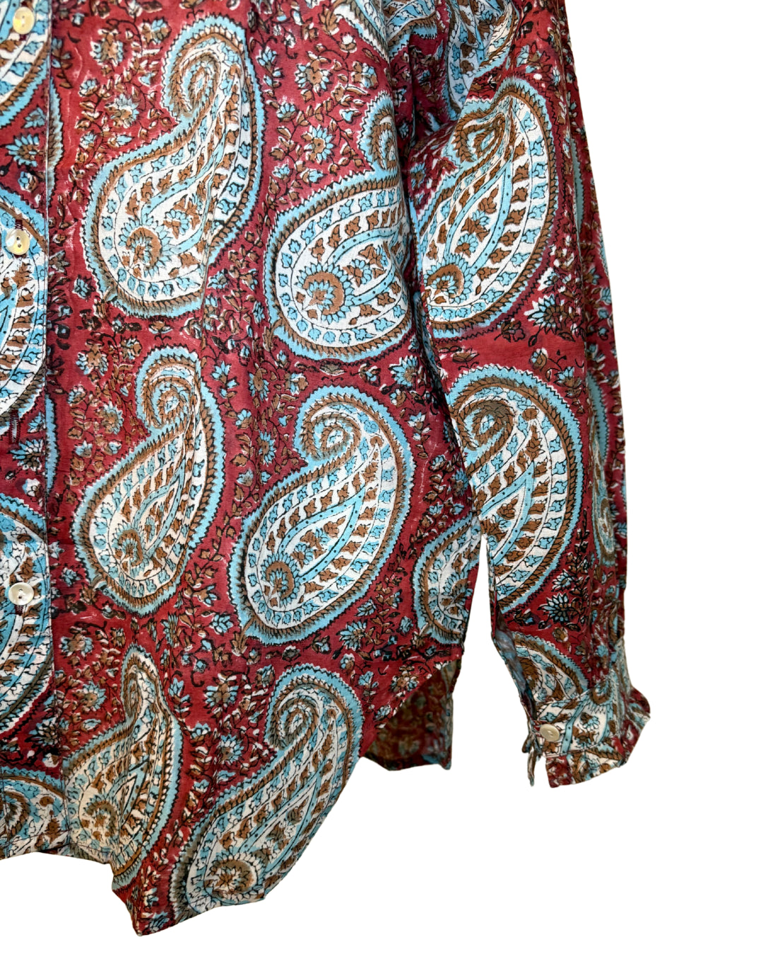 Blue and Red Paisley Block Print Women's Button Up Ruffled Collared Blouse