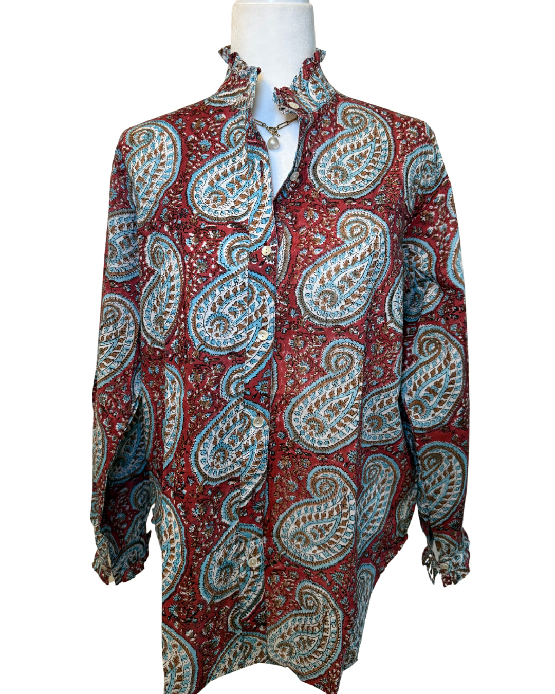 Blue and Red Paisley Block Print Women's Button Up Ruffled Collared Blouse
