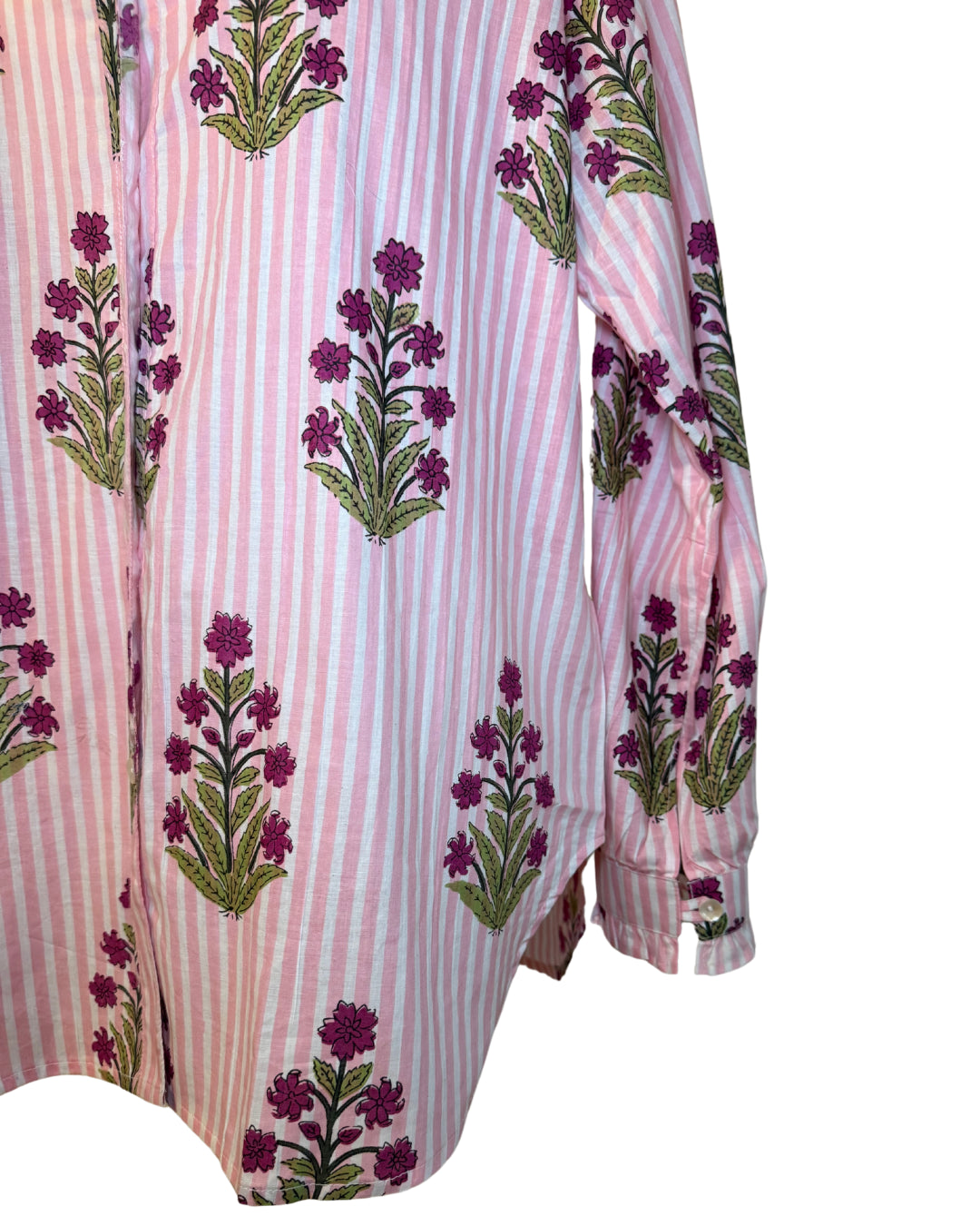 Pink Floral Striped Block Print Women's Button Up Ruffled Collared Blouse