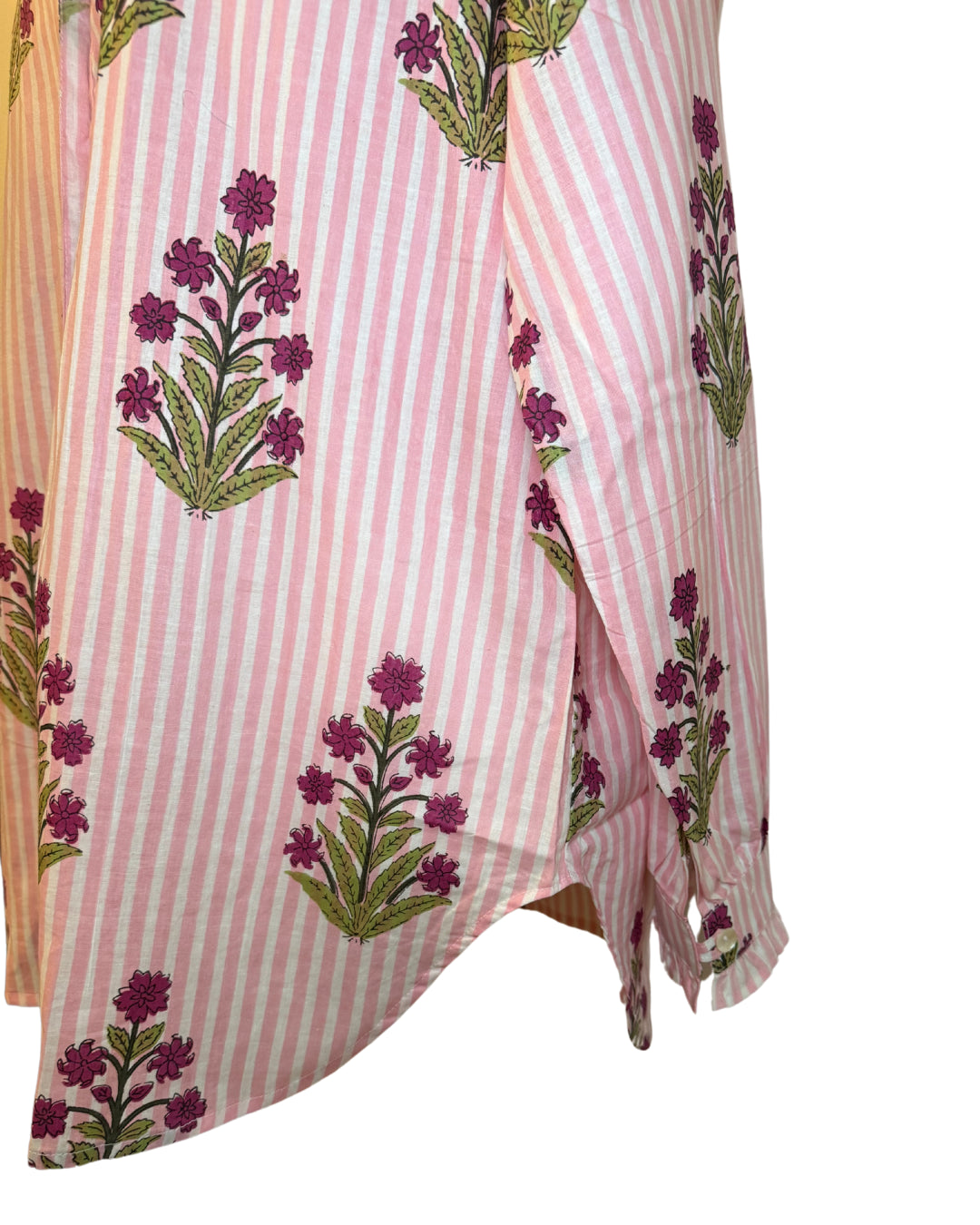 Pink Floral Striped Block Print Women's Button Up Ruffled Collared Blouse