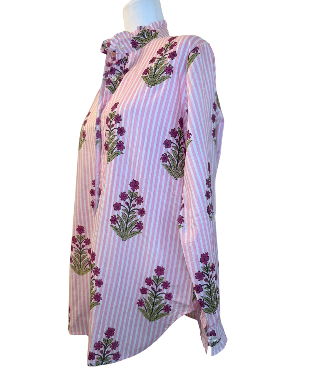 Pink Floral Striped Block Print Women's Button Up Ruffled Collared Blouse