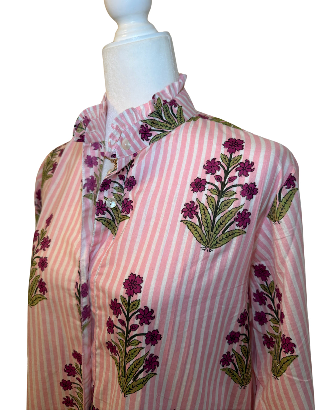 Pink Floral Striped Block Print Women's Button Up Ruffled Collared Blouse
