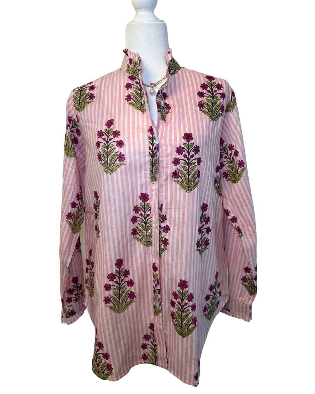 Pink Floral Striped Block Print Women's Button Up Ruffled Collared Blouse