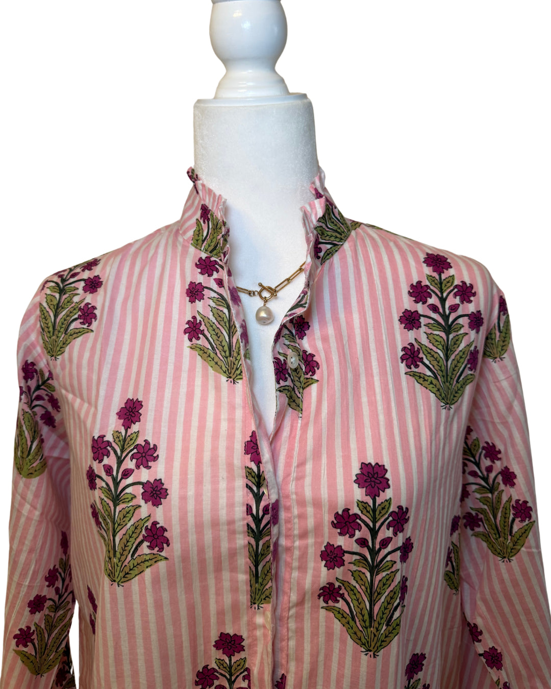 Pink Floral Striped Block Print Women's Button Up Ruffled Collared Blouse