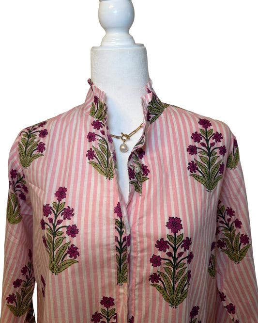 Pink Floral Striped Block Print Women's Button Up Ruffled Collared Blouse