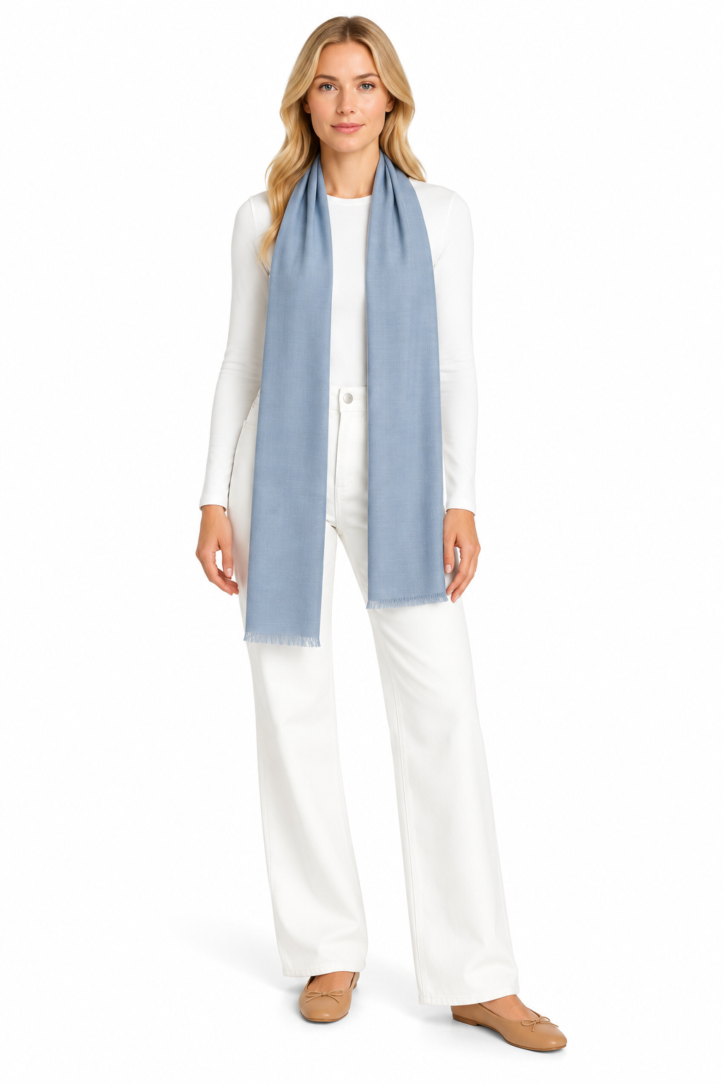 Powder Blue Cashmere Scarf styled on model