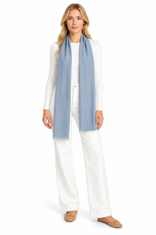 Powder Blue Cashmere Scarf styled on model