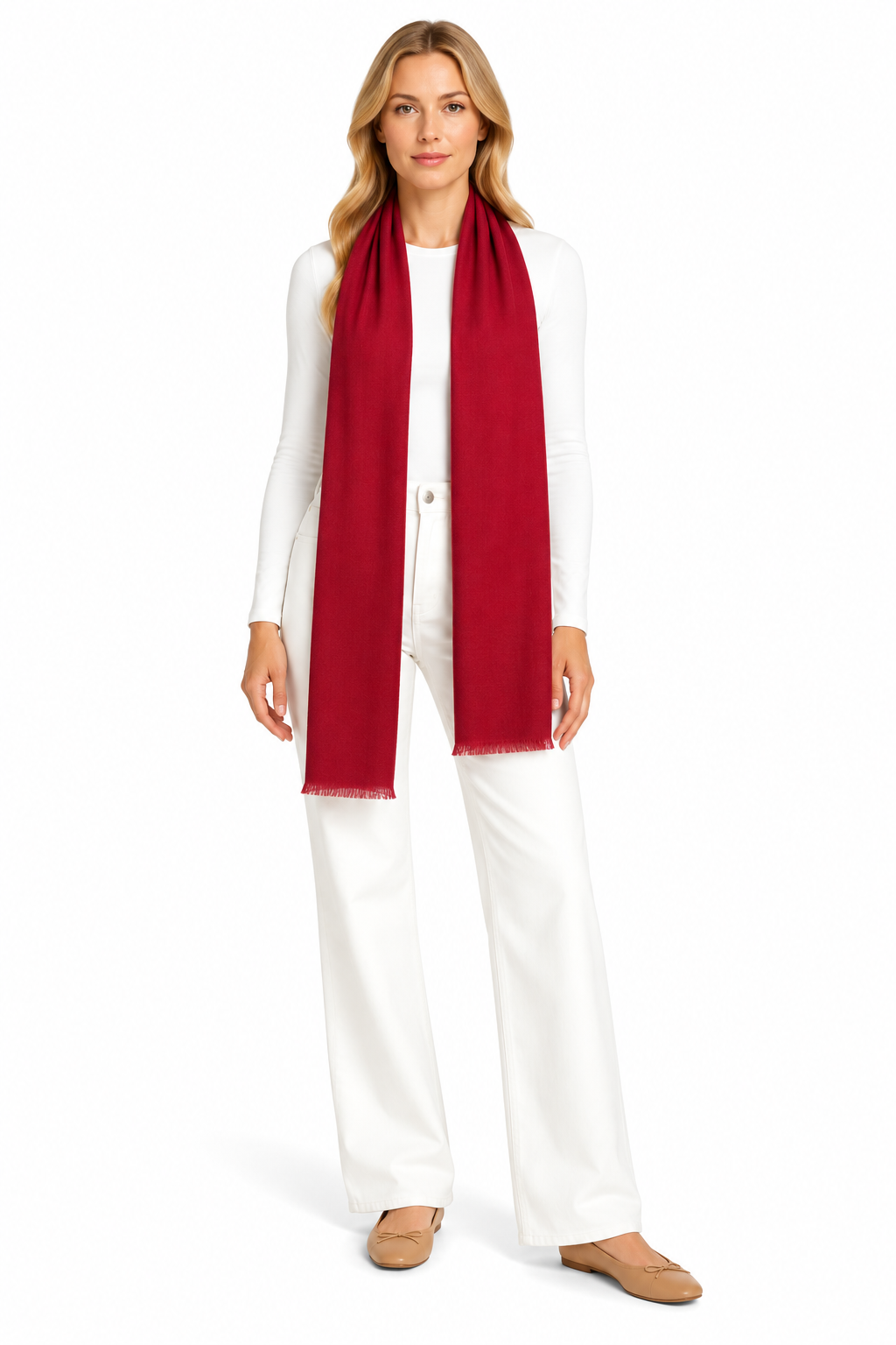 Raspberry Red Cashmere Scarf styled on model
