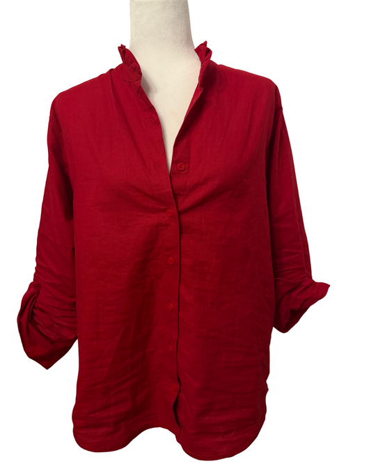 Linen Women's Button Up Ruffled Collared Blouse