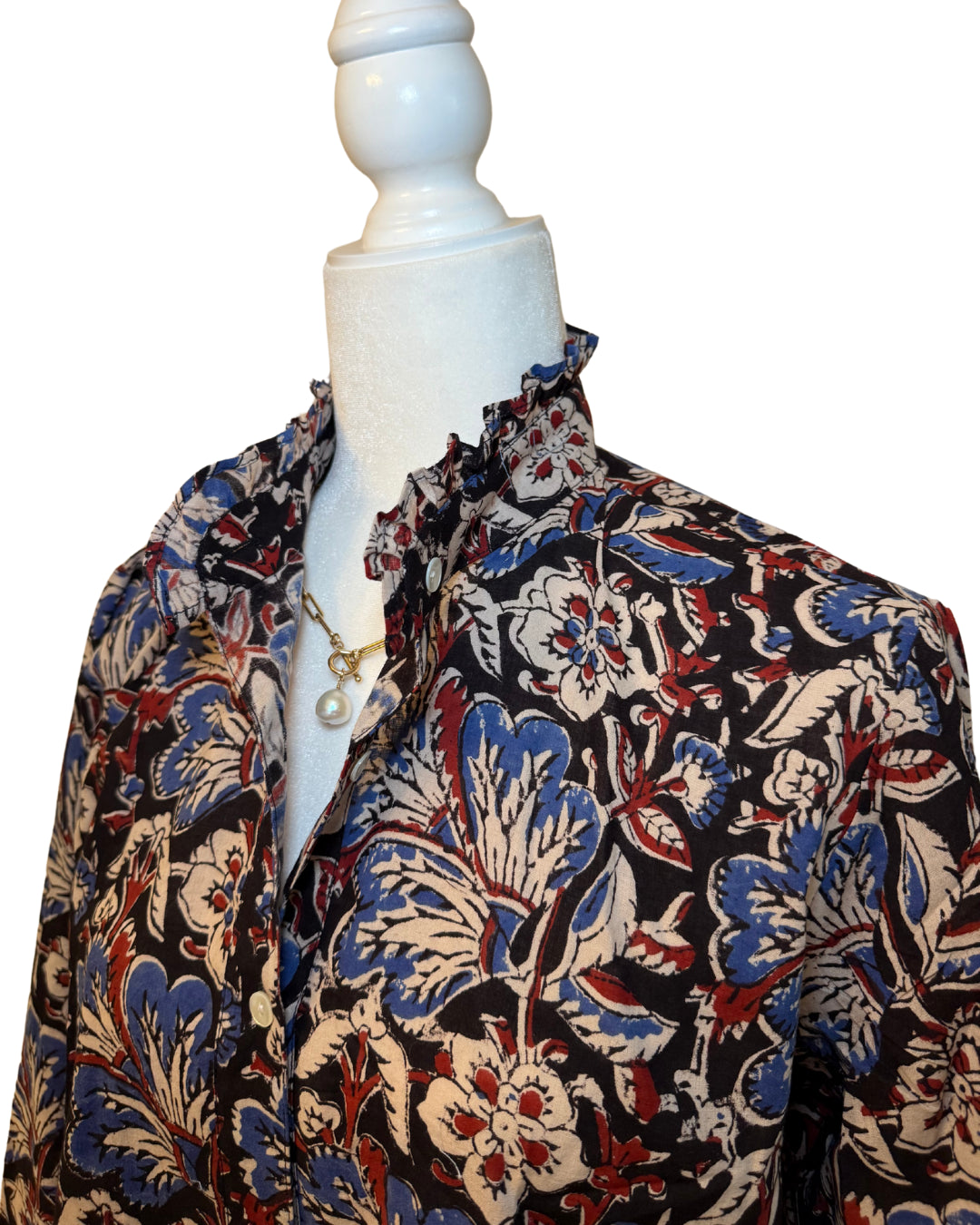 Red, Blue, and Black Floral Block Print Women's Button Up Ruffled Collared Blouse