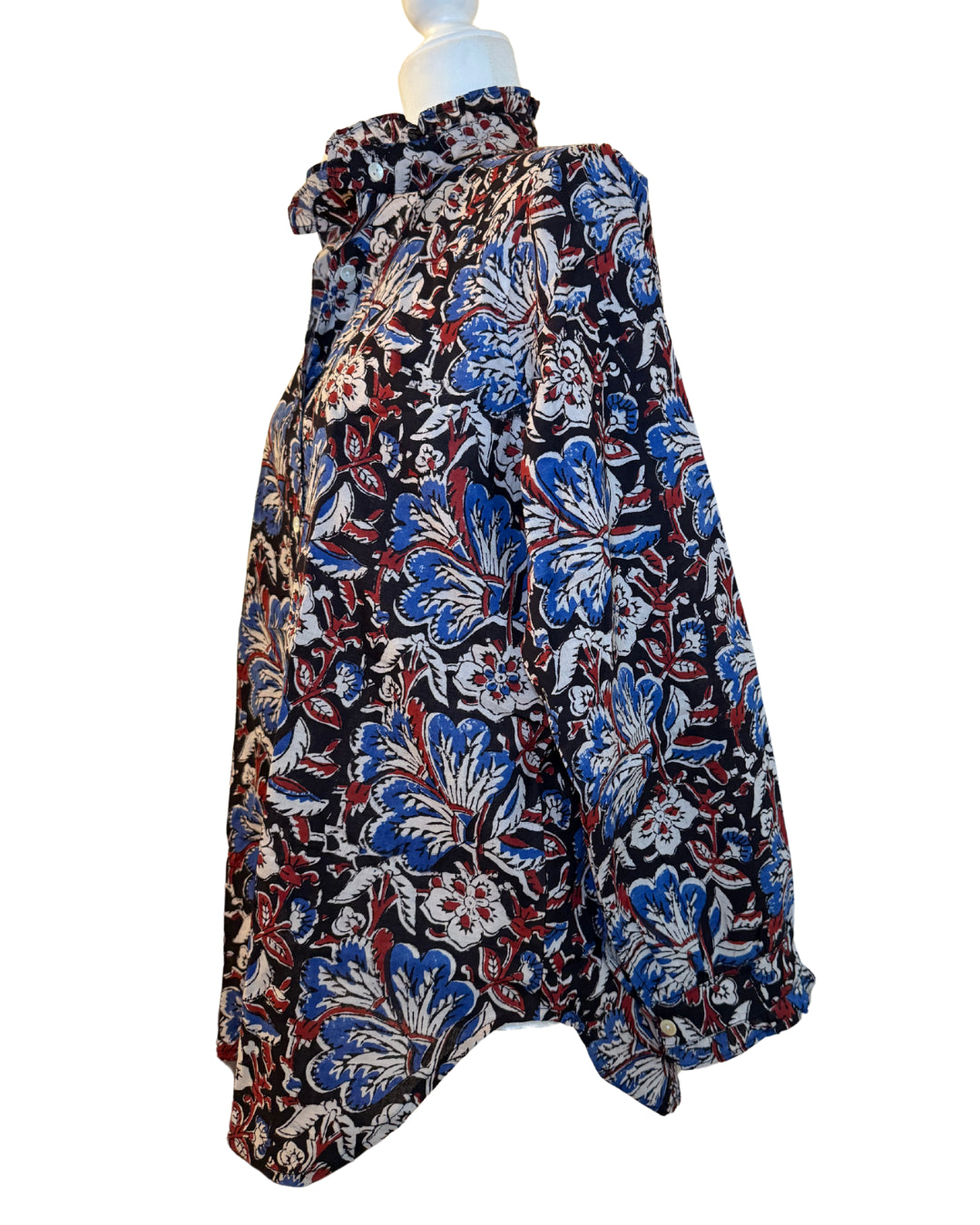 Red, Blue, and Black Floral Block Print Women's Button Up Ruffled Collared Blouse