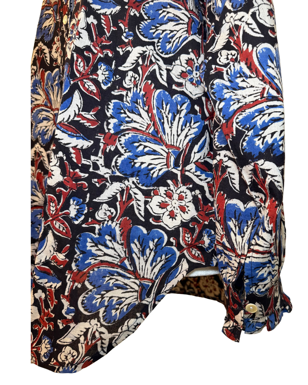 Red, Blue, and Black Floral Block Print Women's Button Up Ruffled Collared Blouse