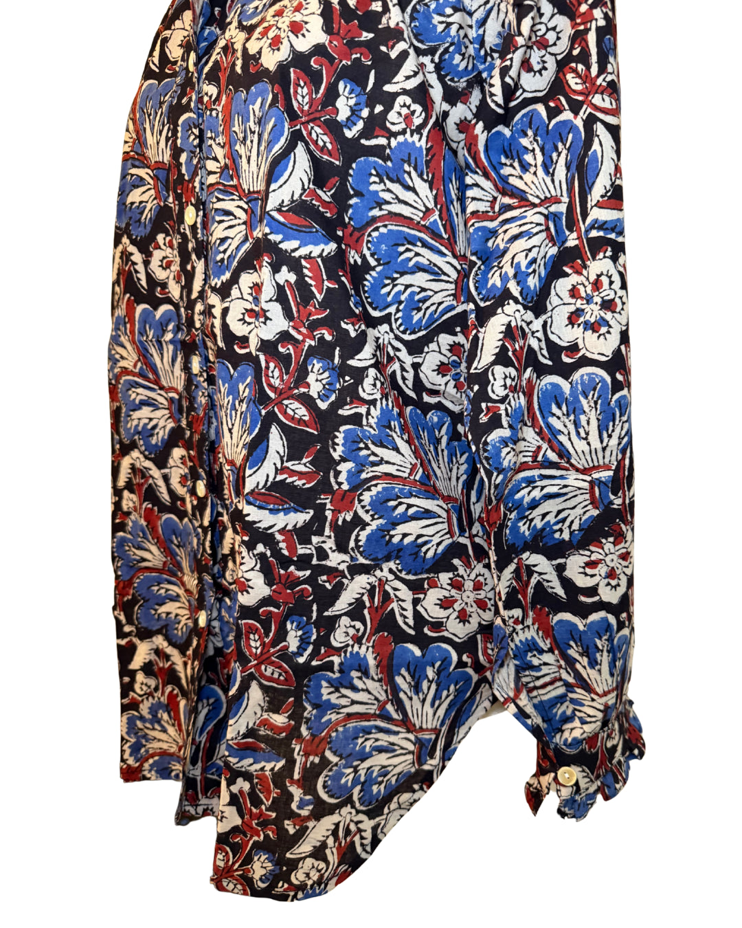 Red, Blue, and Black Floral Block Print Women's Button Up Ruffled Collared Blouse