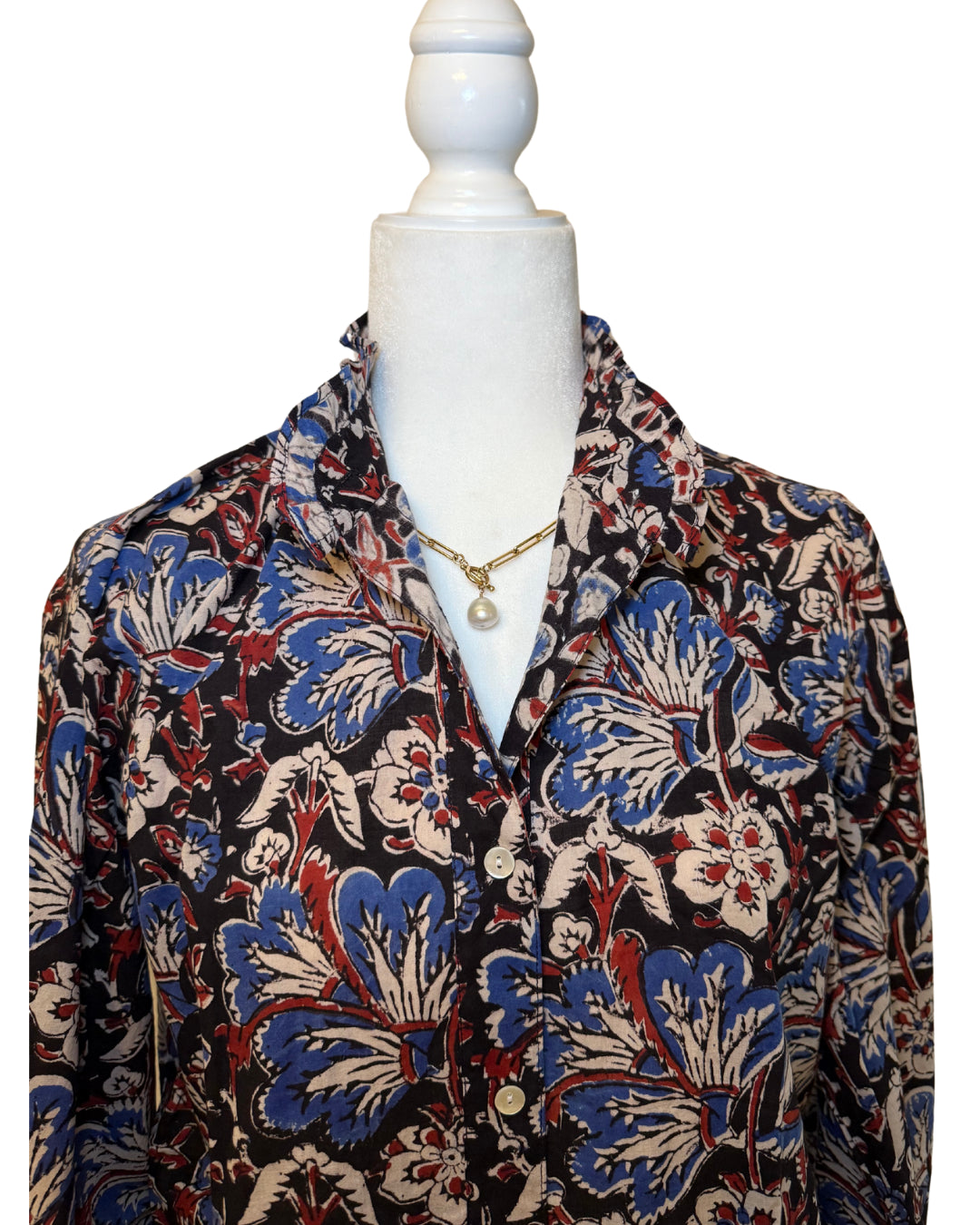 Red, Blue, and Black Floral Block Print Women's Button Up Ruffled Collared Blouse